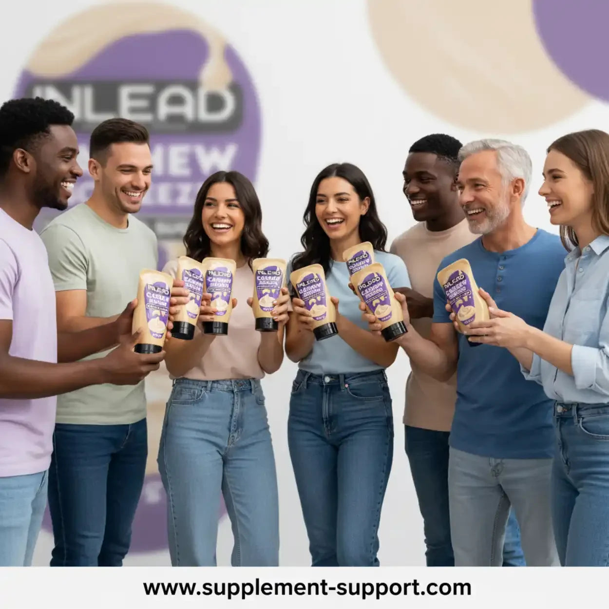 Gruppe lächelnder Menschen hält INLEAD Cashew Squeeze, Nahrungsergänzung von Supplement-Support.com