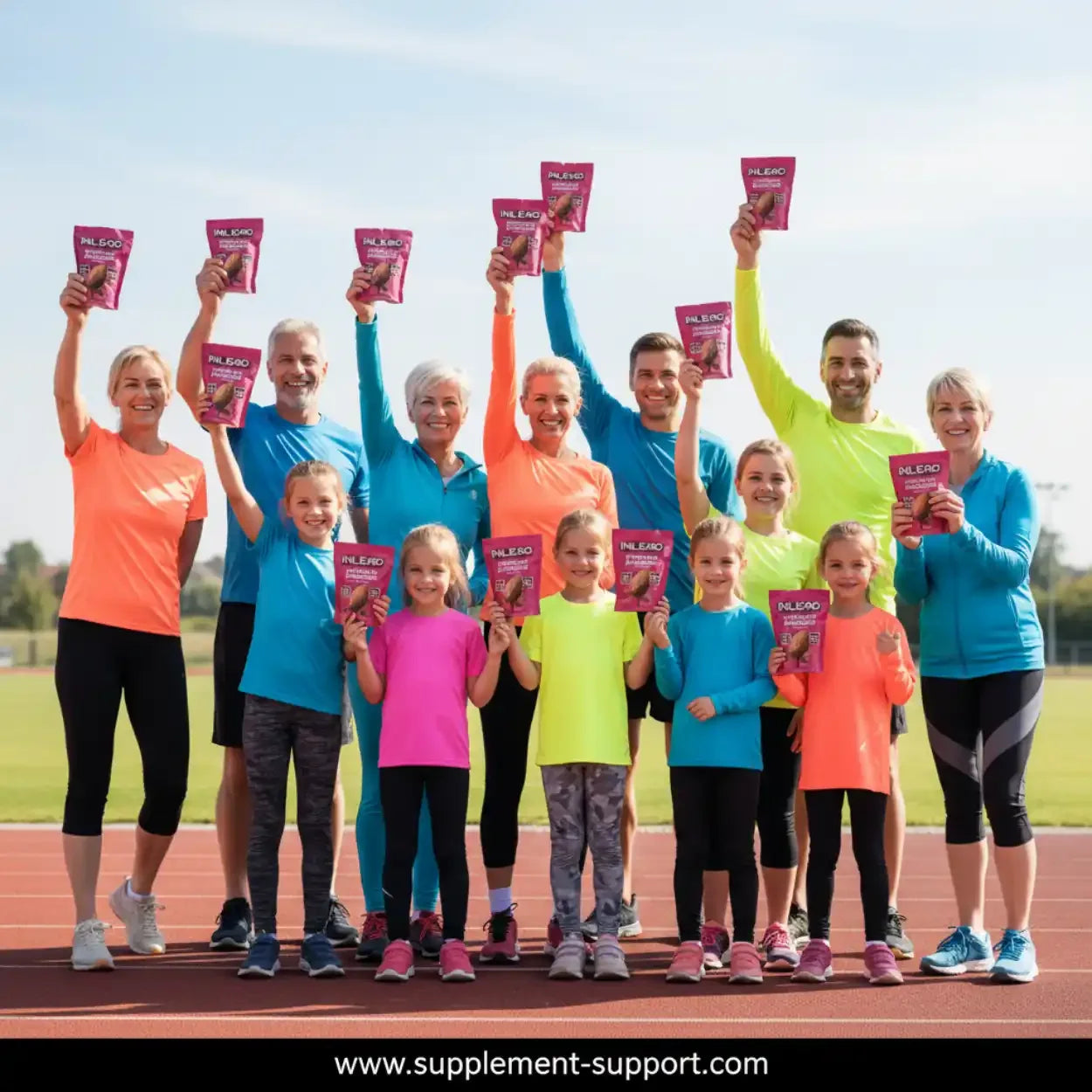 Sportliche Familie hält INLEAD Schoko-Mandeln von Supplement-Support.com auf Laufbahn