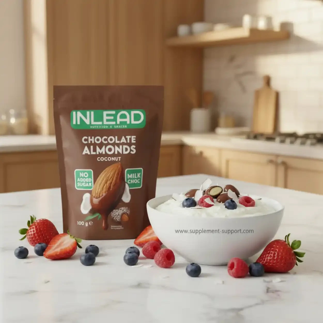 INLEAD Chocolate Almonds Kokosnuss 100g Packung neben Joghurt-Bowl mit Beeren, Supplement-Support.com