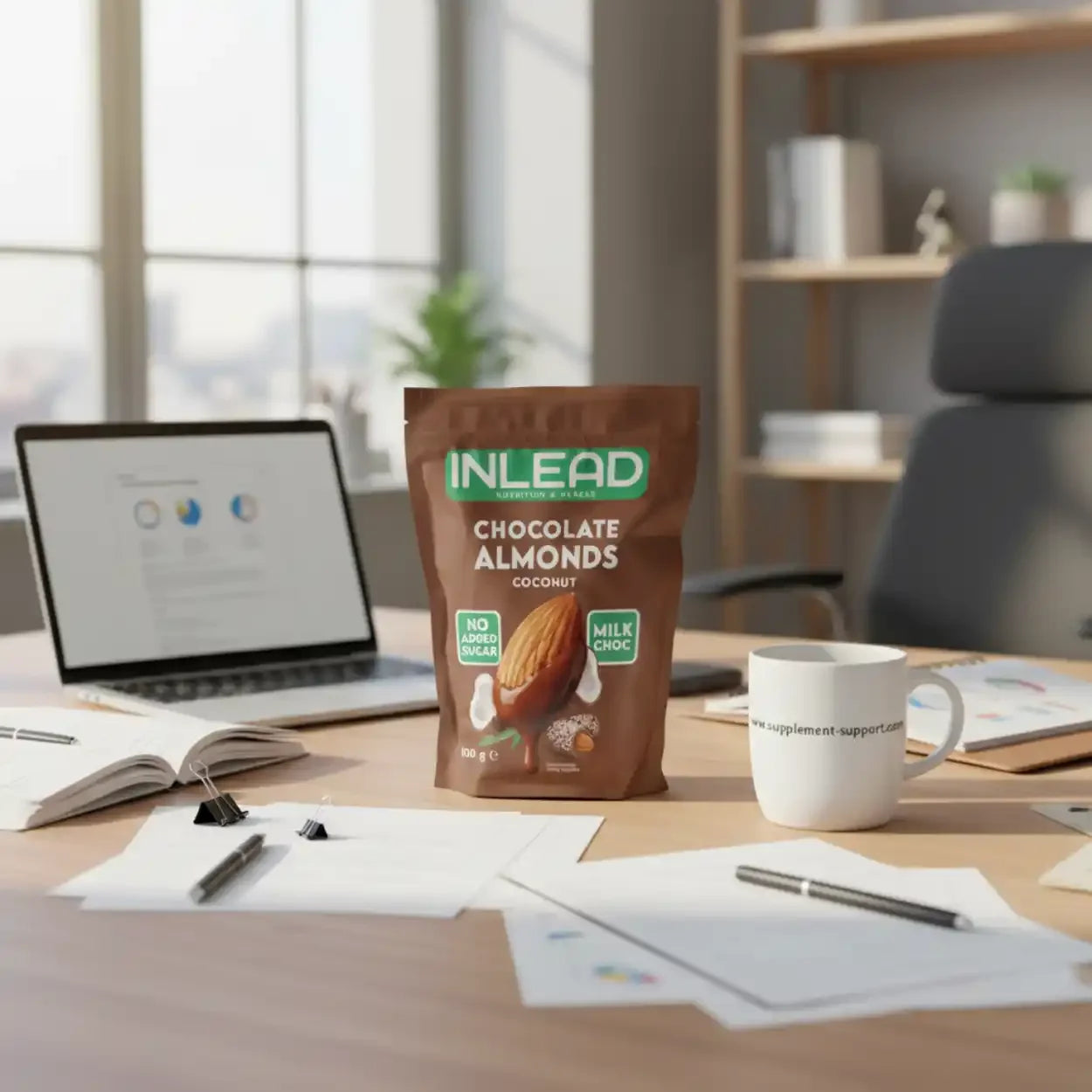 INLEAD Chocolate Almonds Kokosnuss 100g auf Schreibtisch im Büro mit Supplement-Support.com Tasse