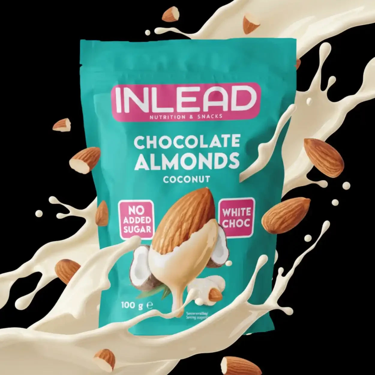 INLEAD Chocolate Almonds Kokosnuss weiße Schokolade, 100g, Snack, ohne Zuckerzusatz, Supplement-Support Berlin