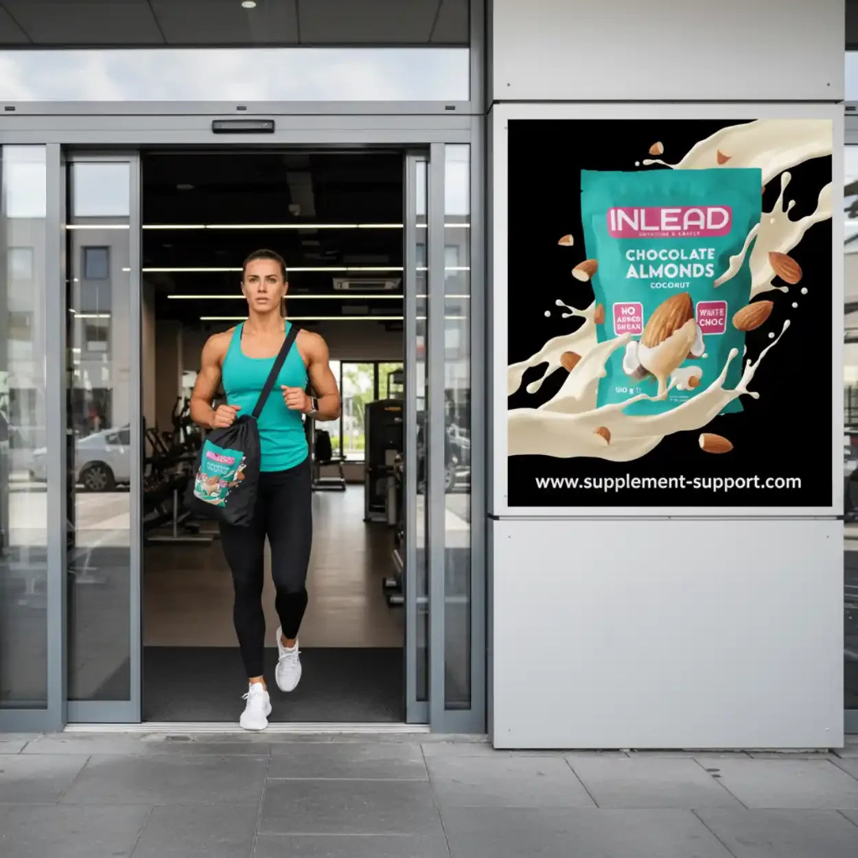 Sportlerin verlässt Fitnessstudio, daneben INLEAD Chocolate Almonds Kokosnuss Werbung, Supplement-Support.com