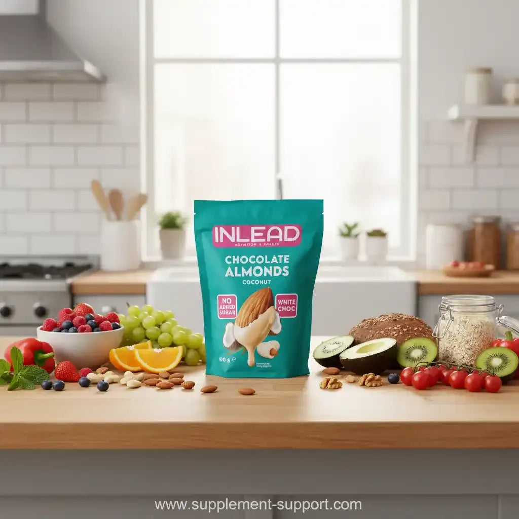 INLEAD Chocolate Almonds Kokosnuss 100g Beutel auf Küchentisch mit frischem Obst und Nüssen; Supplement-Support.com