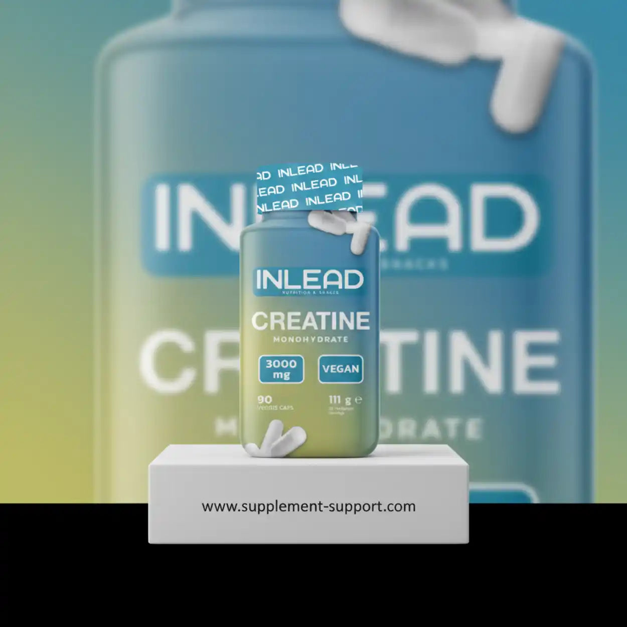 INLEAD Creatin Monohydrat 3000 mg, vegane Kapseln, 90 Stück, auf Podest
