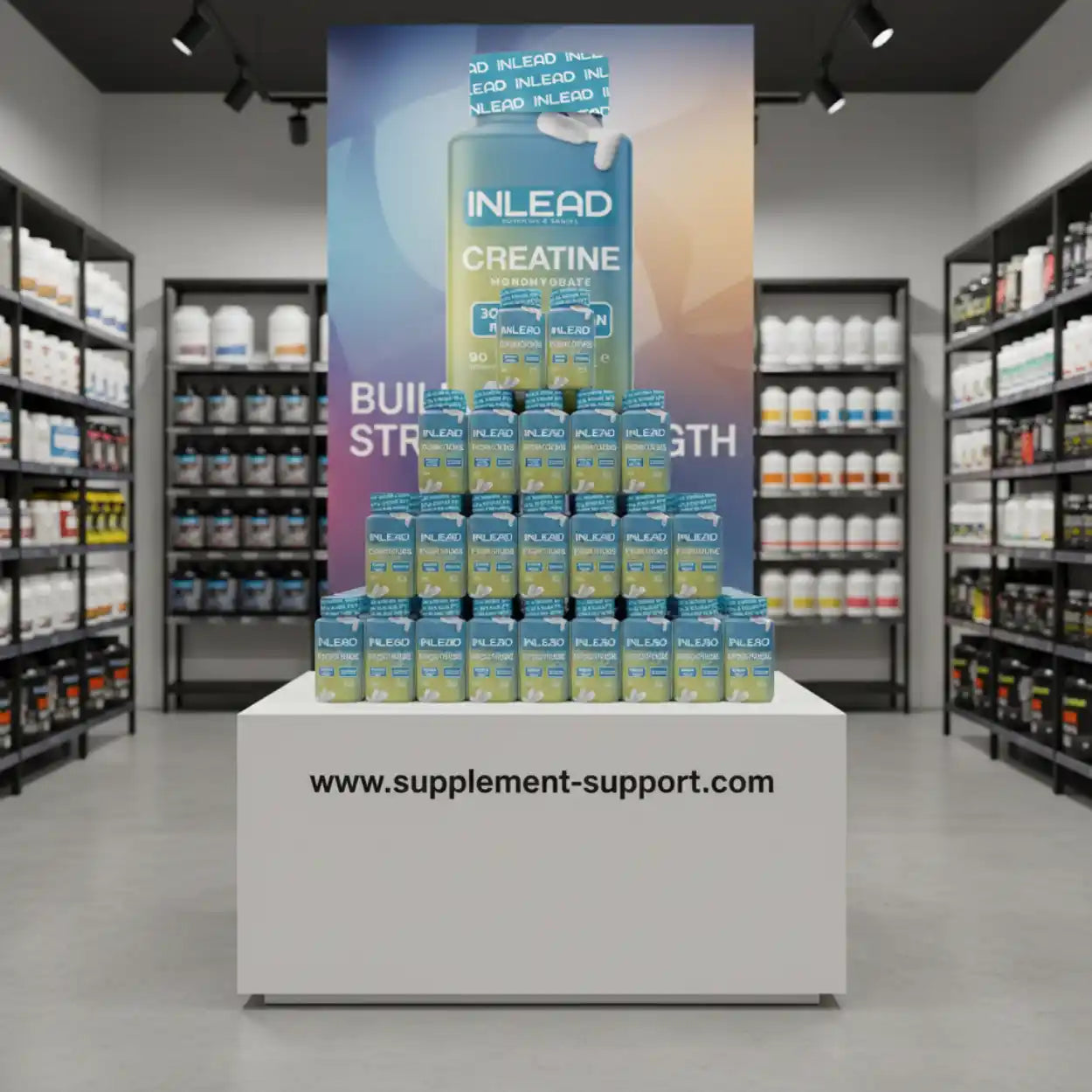 INLEAD Creatine Monohydrate 90 Kapseln im Sportnahrungsgeschäft auf Ausstelltisch