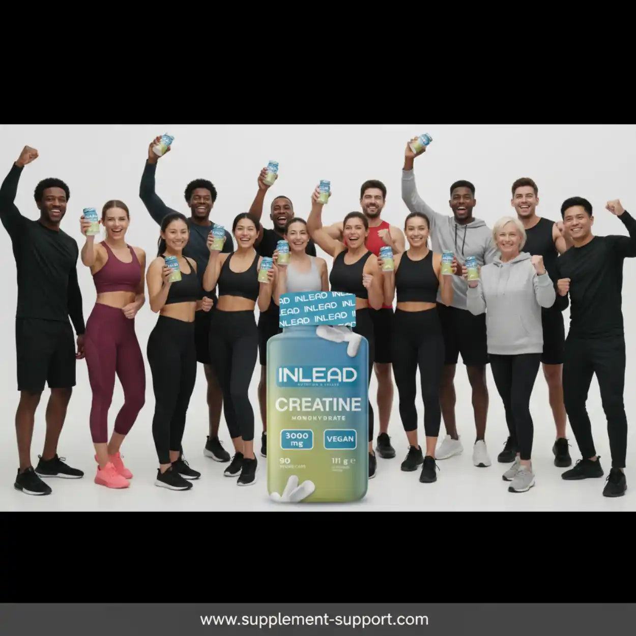 Gruppe sportlicher Menschen hält INLEAD Creatine Monohydrat Kapseln, Vegan Supplement