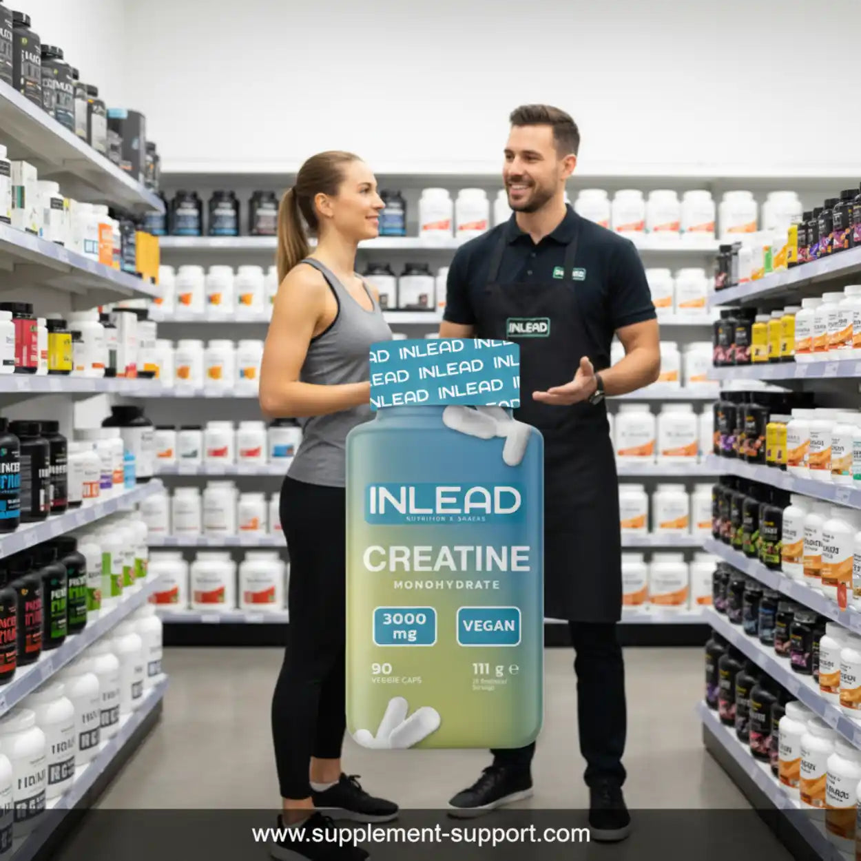 Zwei Personen in einem Sportnahrung-Shop mit Inlead Creatine Monohydrate Kapseln, 3000 mg, vegan.