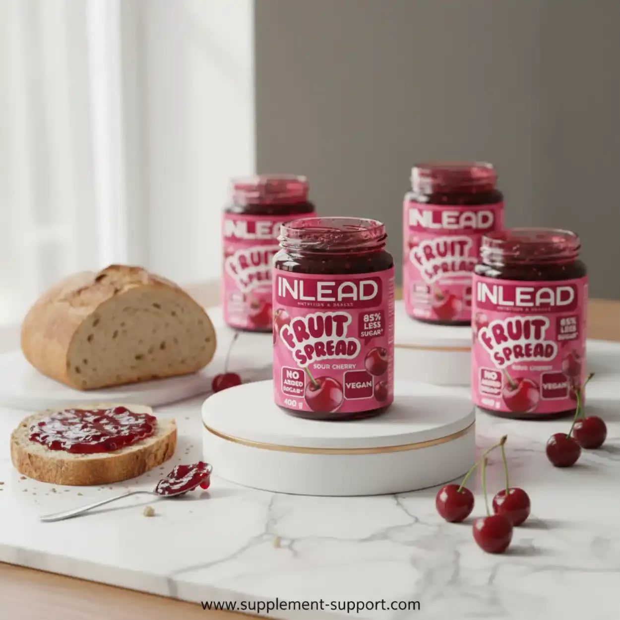 INLEAD Fruit Spread Sour Cherry, vegan, 85% weniger Zucker, mit Brot und frischen Kirschen