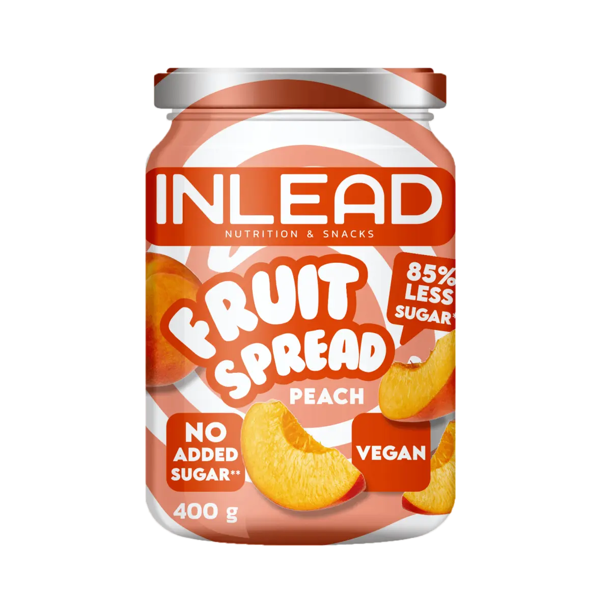 INLEAD Pfirsich Fruchtaufstrich, vegan, ohne zugesetzten Zucker, 85% weniger Zucker, 400g
