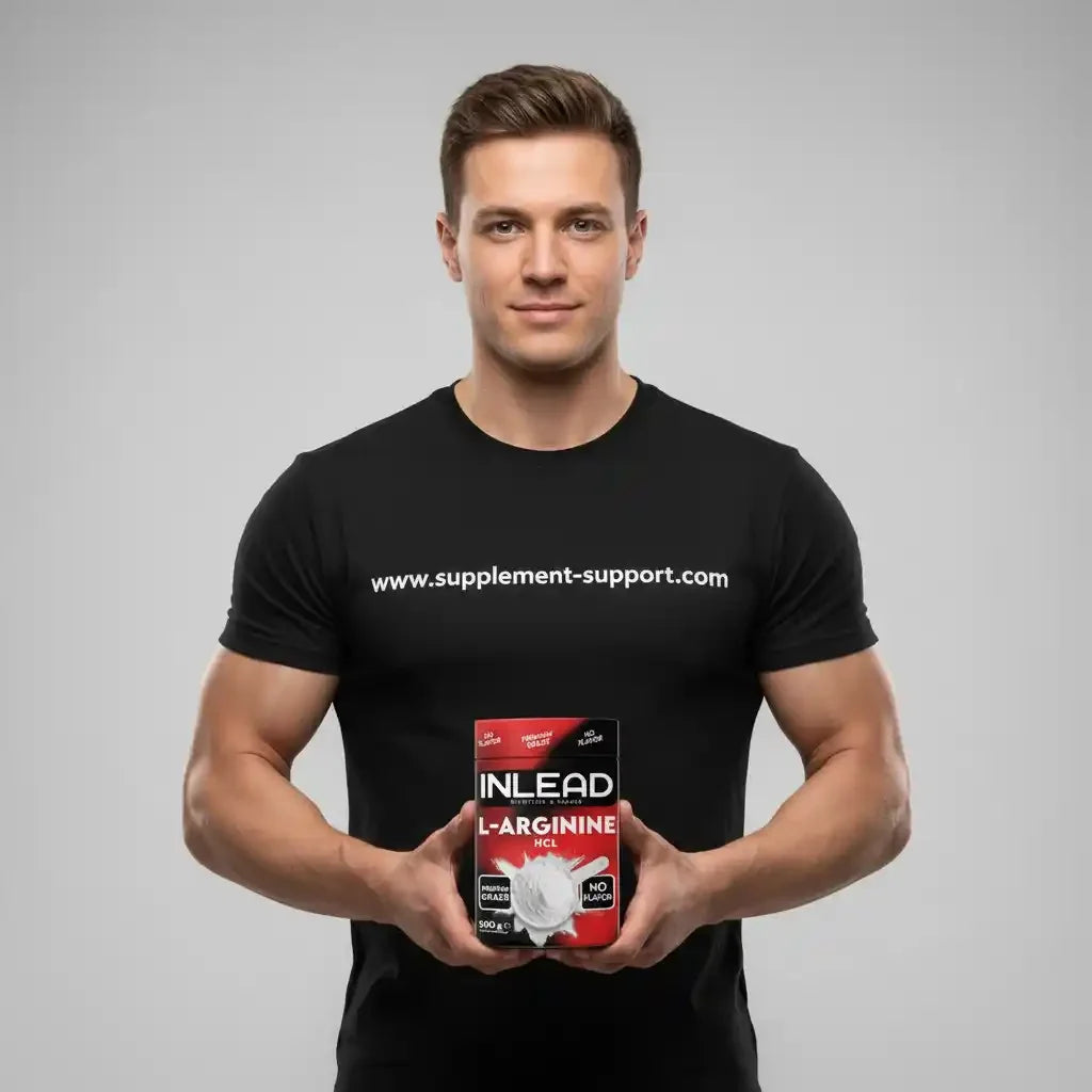 Muskulöser Mann hält INLEAD L-Arginin HCL 500g, T-Shirt mit supplement-support.com
