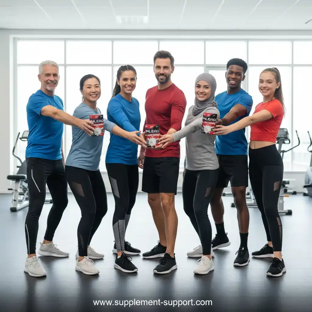 Gruppe Sportler im Fitnessstudio mit Inlead L-Arginin Pulver, Nahrungsergänzung, Supplement-Support.com
