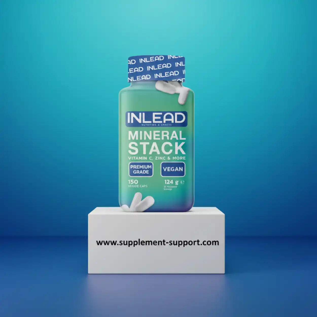 INLEAD Mineral Stack Nahrungsergänzung VEGAN Kapseln auf blauem Hintergrund mit Website-Text