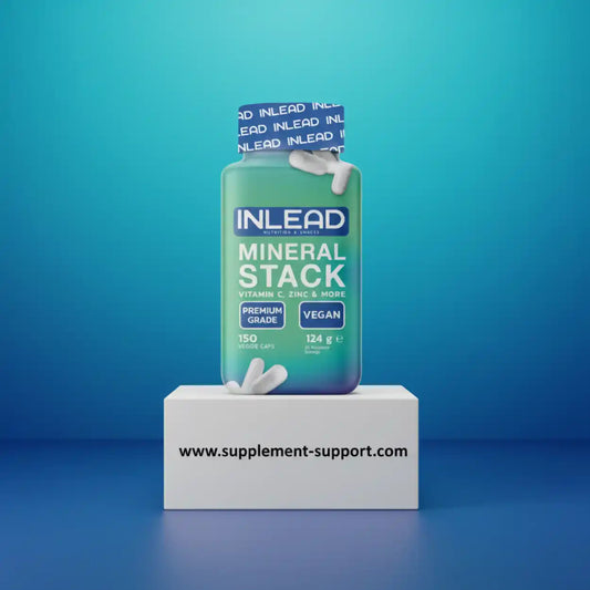 INLEAD Mineral Stack Nahrungsergänzung VEGAN Kapseln auf blauem Hintergrund mit Website-Text