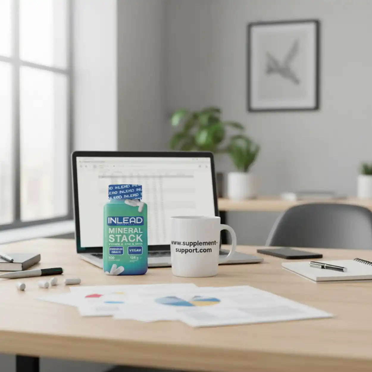 Mineral Stack Nahrungsergänzungsmittel auf Schreibtisch mit Laptop, Tasse und Dokumenten