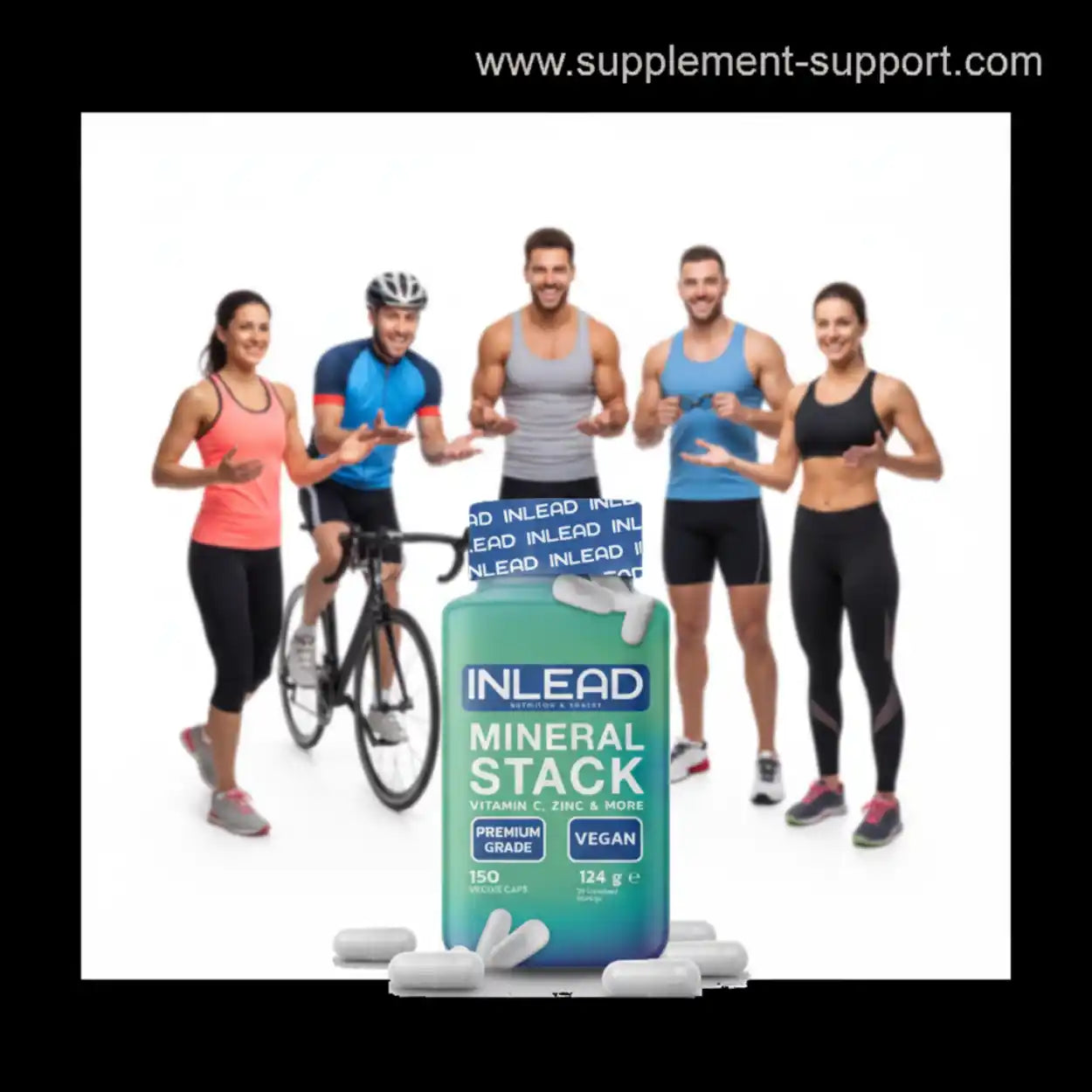 Sportlergruppe mit Fahrrad und INLEAD Mineral Stack Supplement, weiße Kapseln im Vordergrund