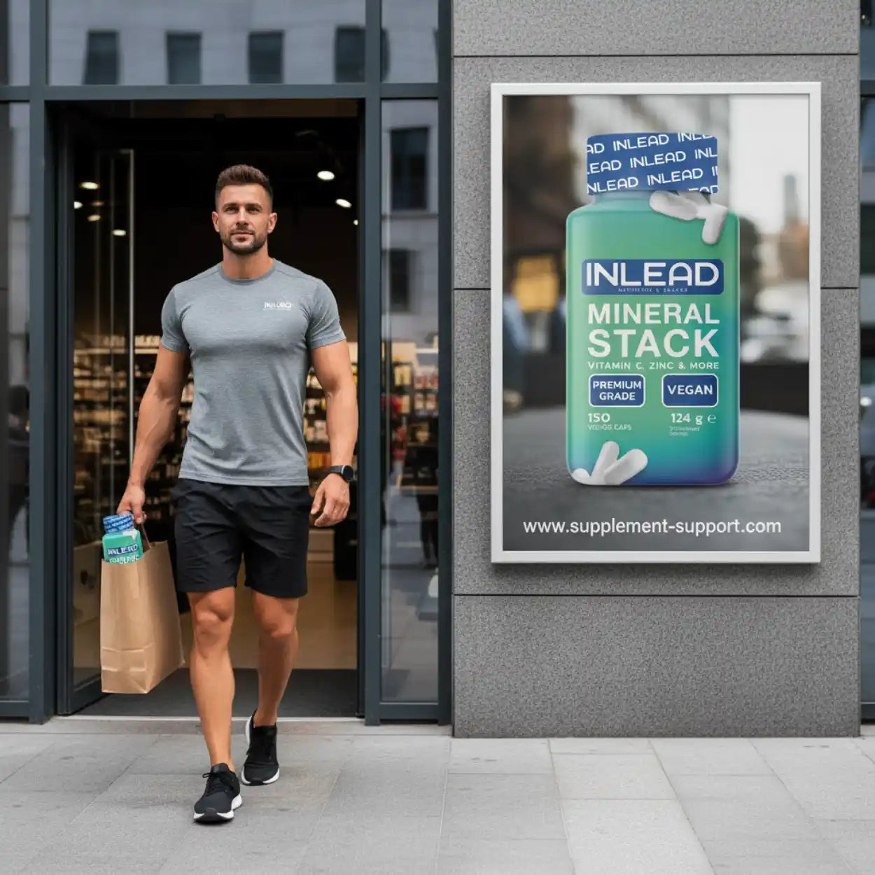 Sportlicher Mann mit Einkaufstüte vor Geschäft, großes Mineral Stack Supplement Poster an Wand