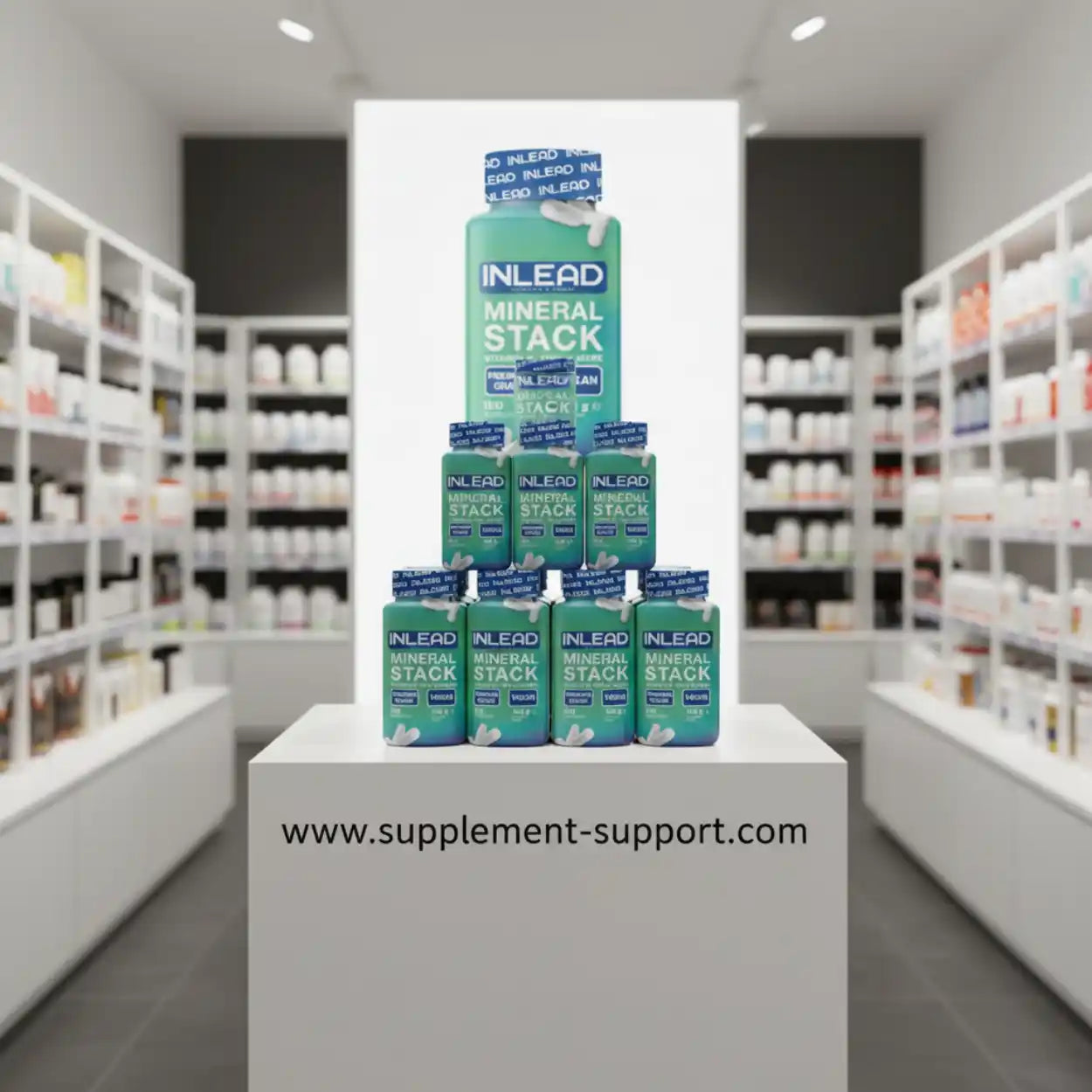 INLEAD Mineral Stack Nahrungsergänzung im Regal eines modernen Supplement-Shops