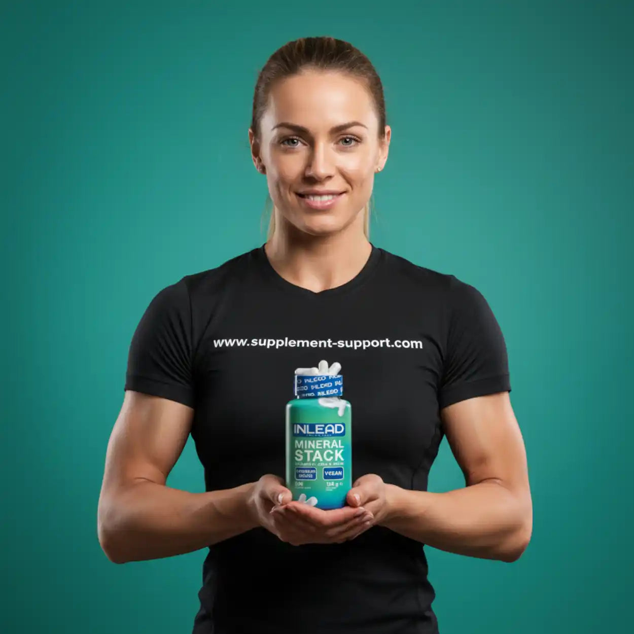 Sportliche Frau hält INLEAD Mineral Stack Nahrungsergänzung, veganes Supplement, vor grünem Hintergrund.