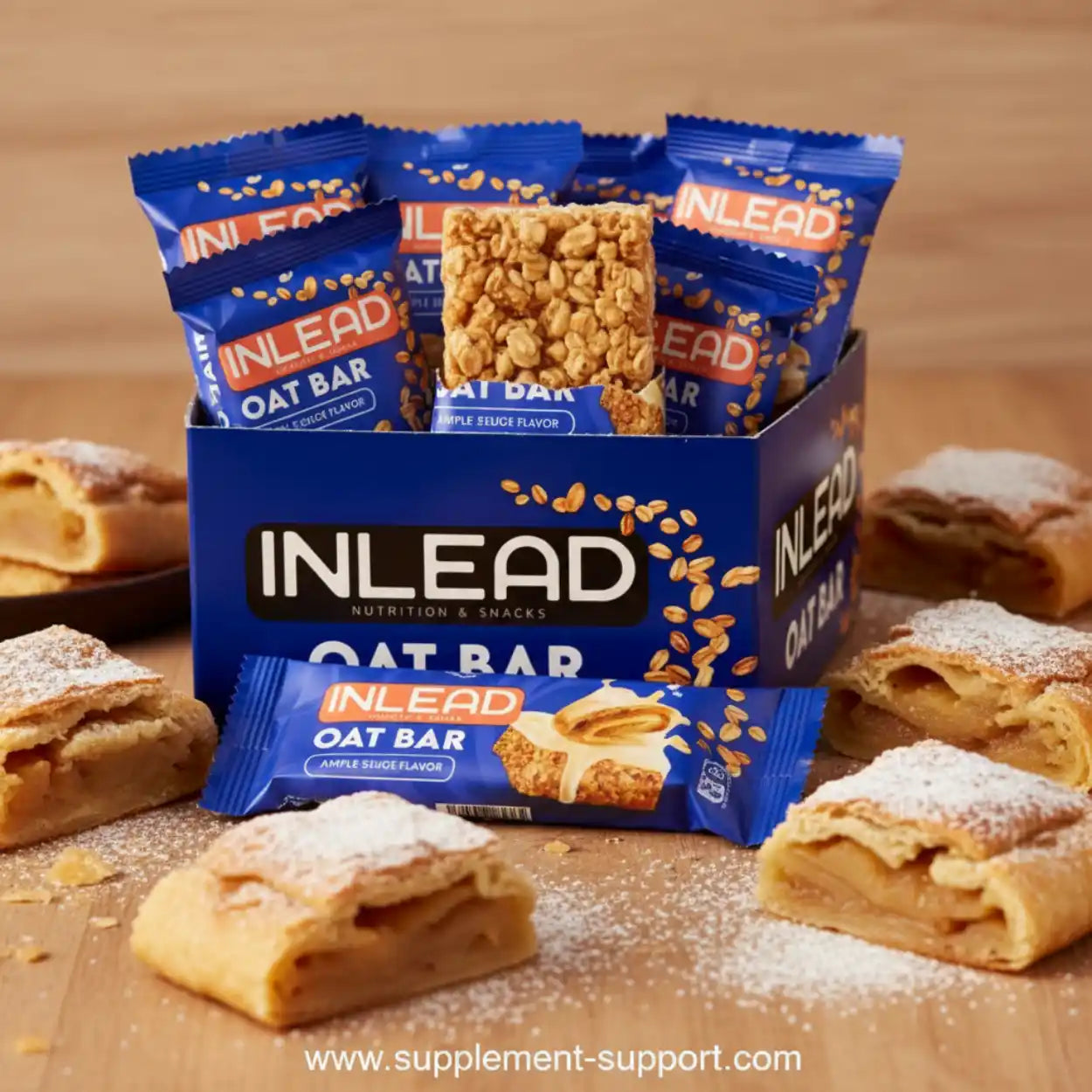 Haferflockenriegel mit Apfelstrudelgeschmack in blauer Verpackung, umgeben von Apfelstrudelstücken