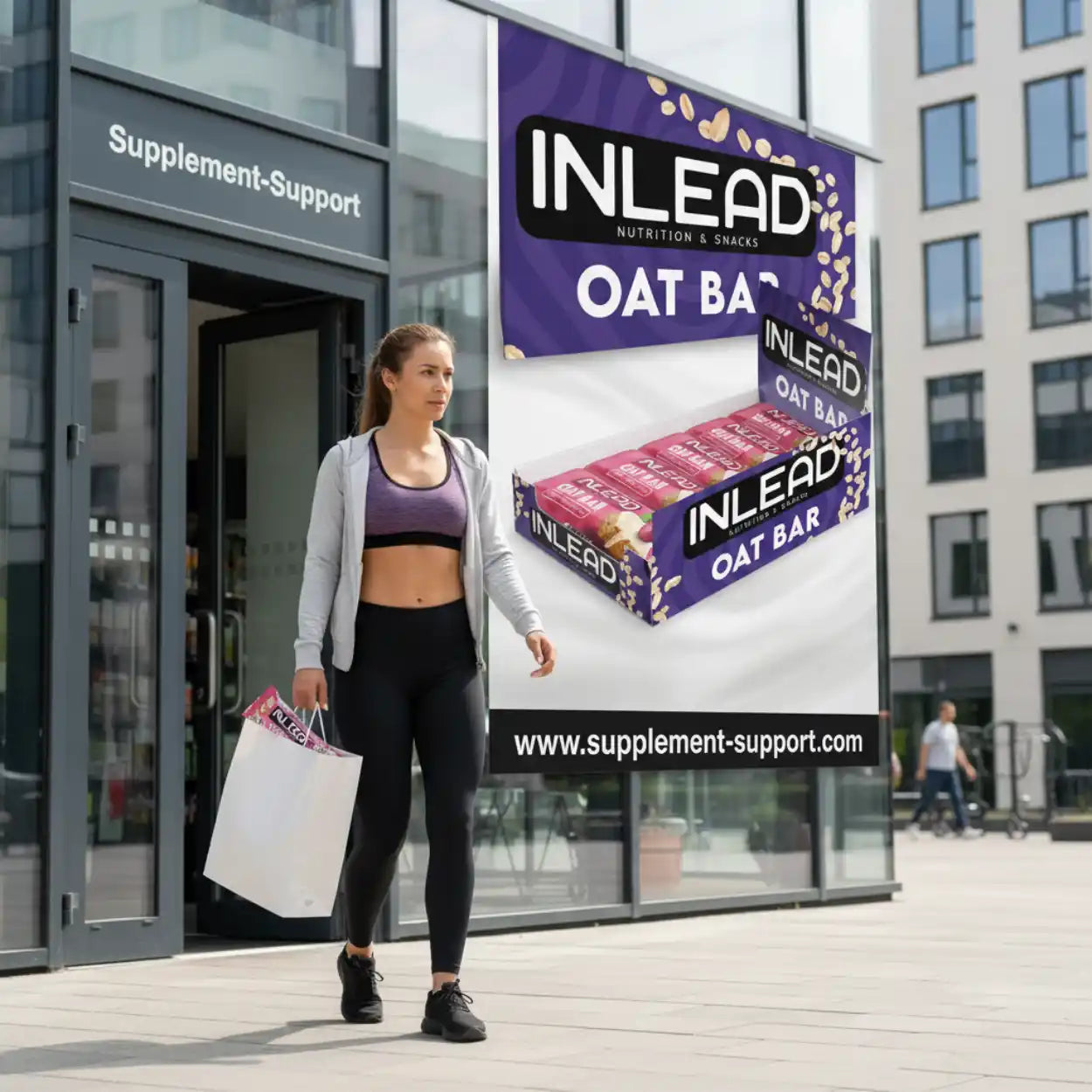 Sportliche Frau mit Einkaufstasche vor Store, INLEAD Oat Bar Karton auf Werbeplakat