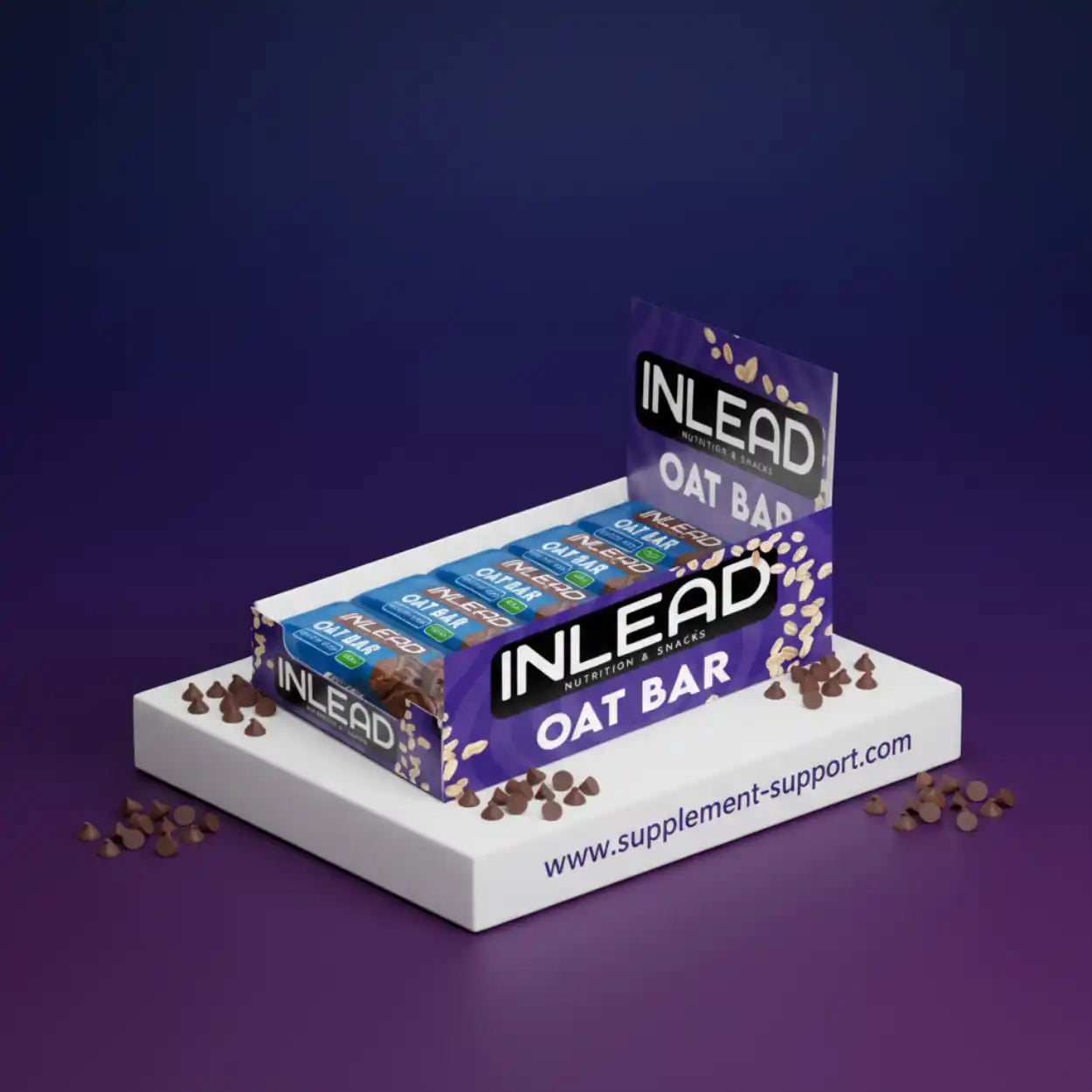 Inlead Oat Bar Schokoriegel 20er Packung auf Display mit Haferflocken und Schokostückchen