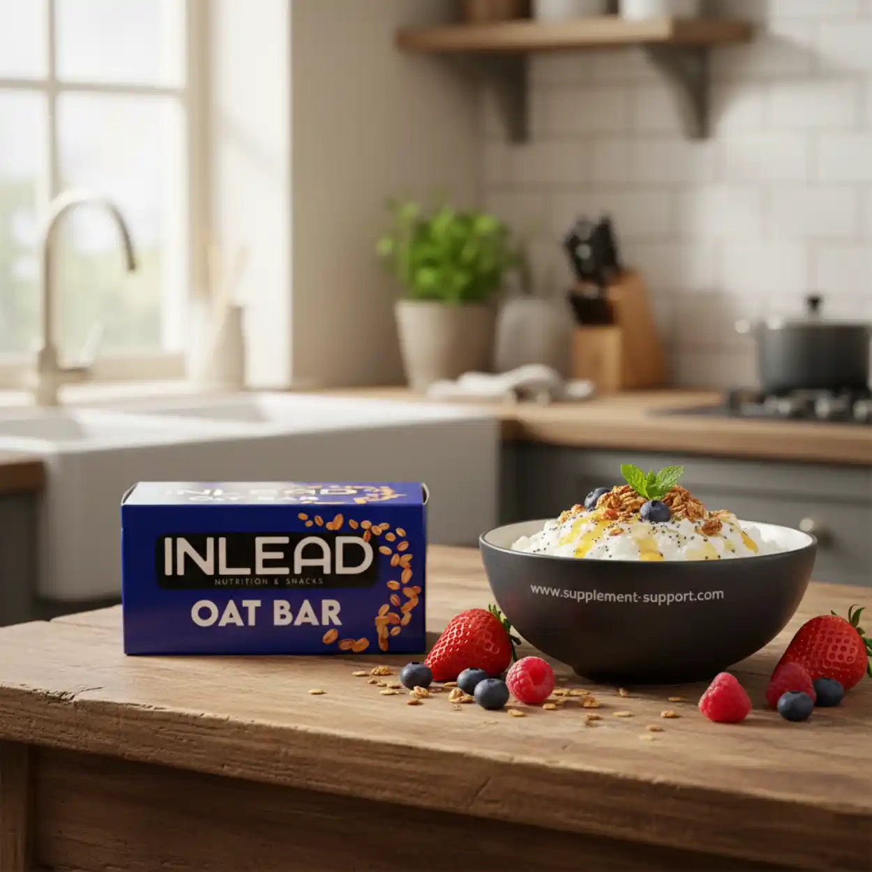 INLEAD Oat Bar Box neben Joghurt-Bowl mit Beeren und Müsli in moderner Küche