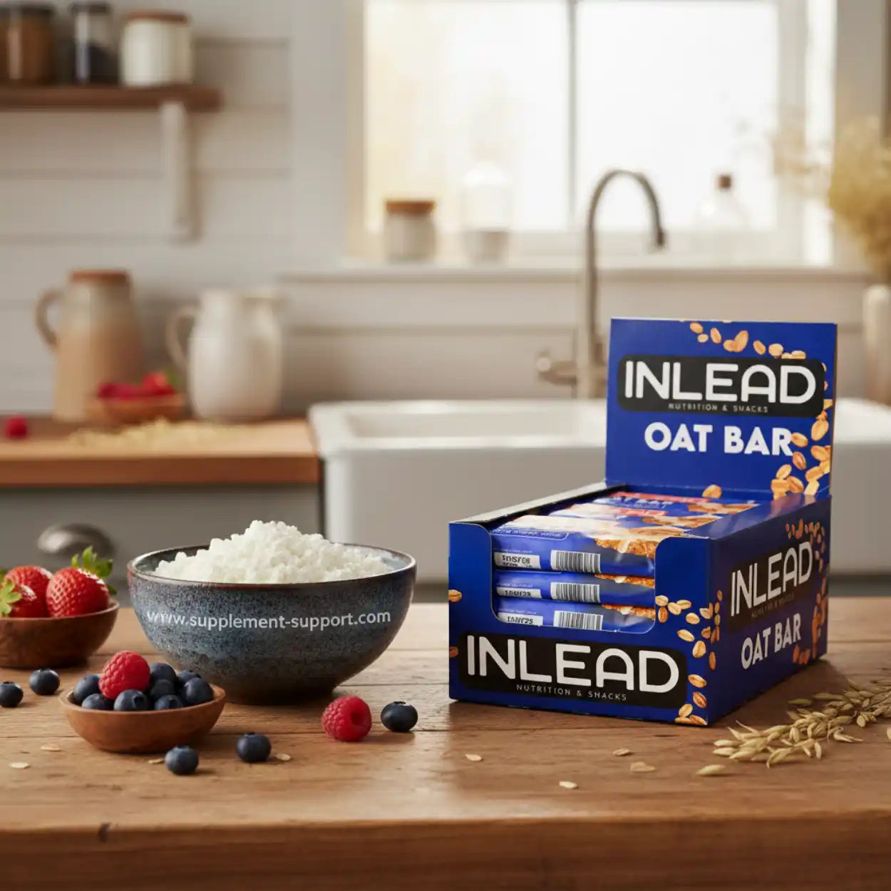 INLEAD Oat Bar Müsliriegel 20er Box auf Küchentisch mit Haferflocken und Beeren