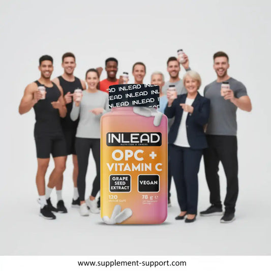 Gruppe sportlicher Menschen posiert mit INLEAD OPC + Vitamin C Kapseln, Nahrungsergänzung vegan