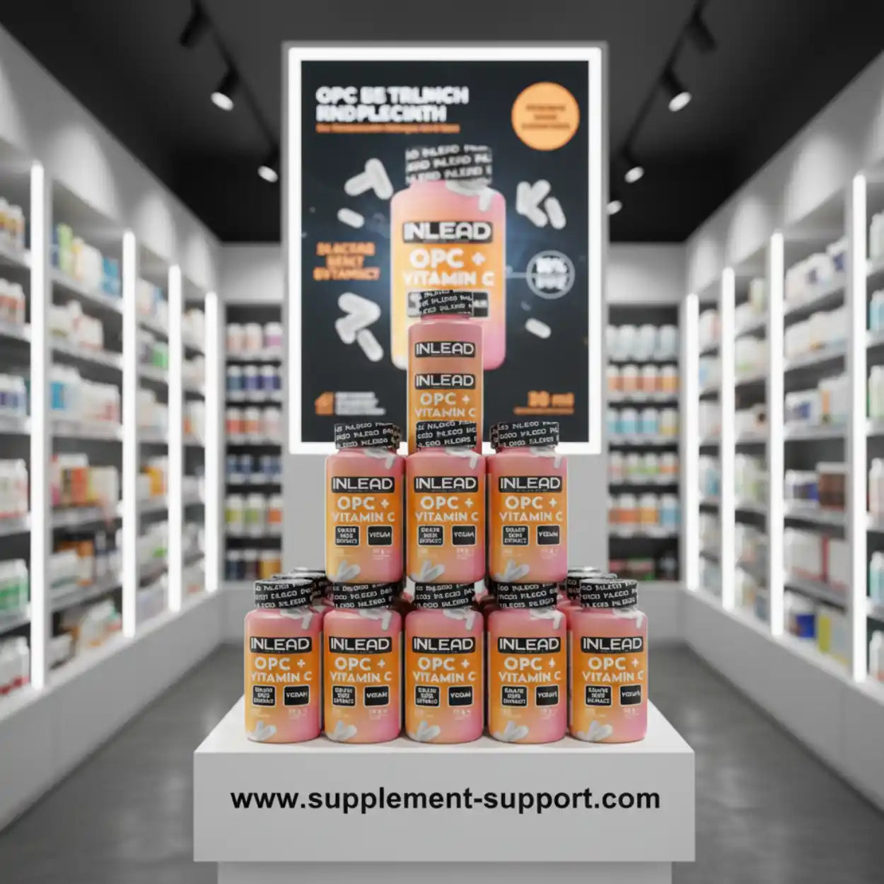 INLEAD OPC und Vitamin C Kapseln vegan im Regal eines modernen Nahrungsergänzungsmittel-Geschäfts