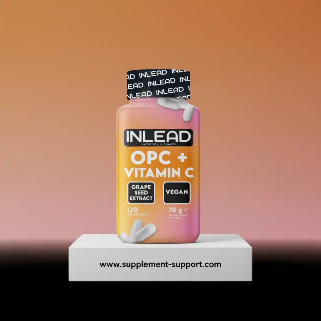 INLEAD OPC plus Vitamin C Kapseln, vegan, Traubenkernextrakt, 120 Stück, auf Podest