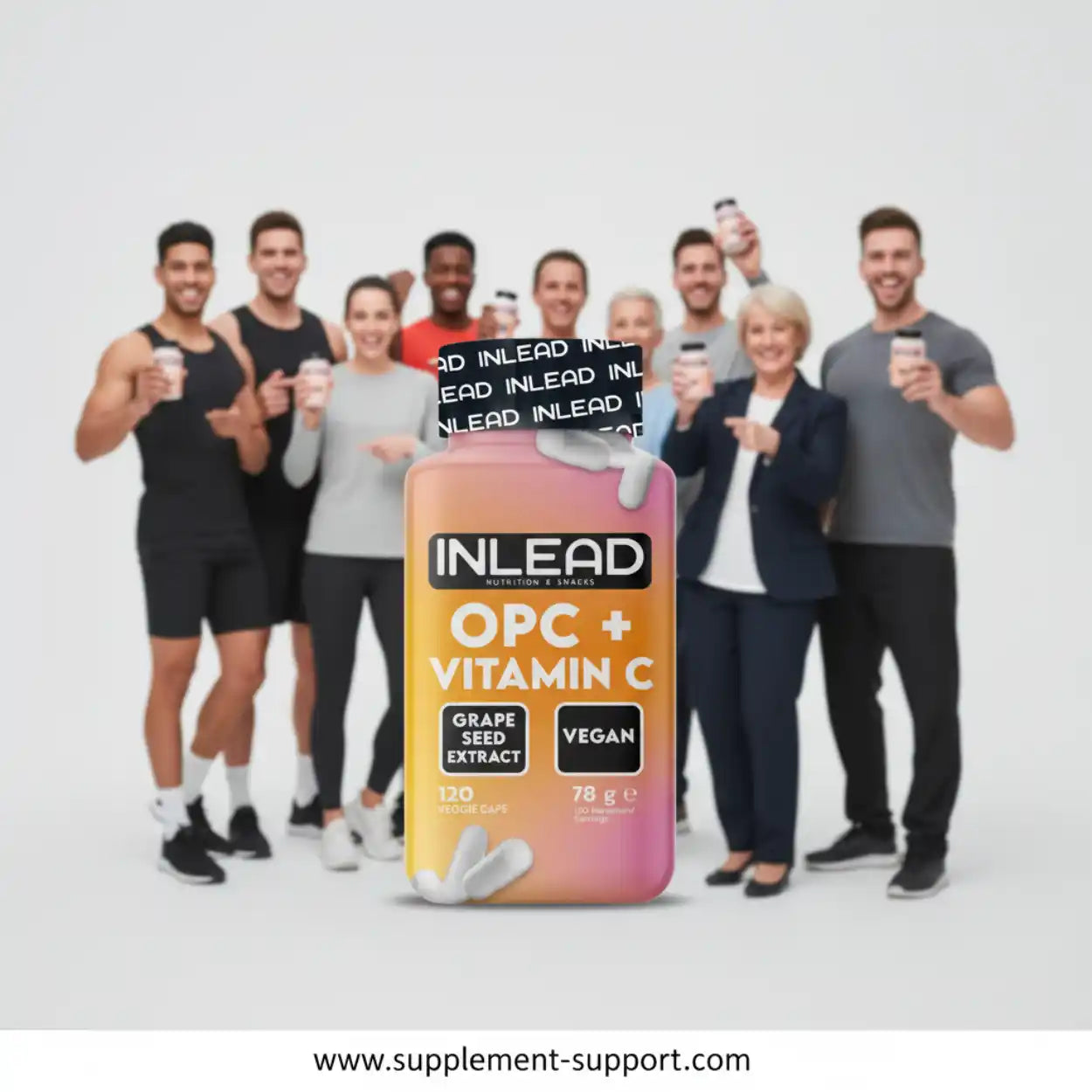 Gruppe sportlicher Menschen posiert mit INLEAD OPC + Vitamin C Kapseln, Nahrungsergänzung vegan