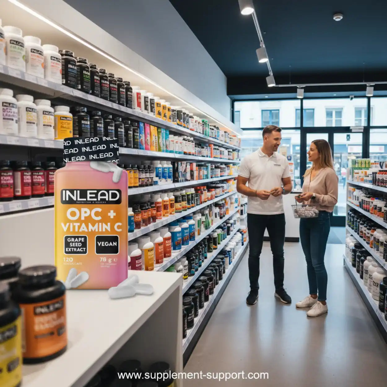 Nahrungsergänzungsmittel Regal mit INLEAD OPC Vitamin C Kapseln und Kundenberatung im Geschäft