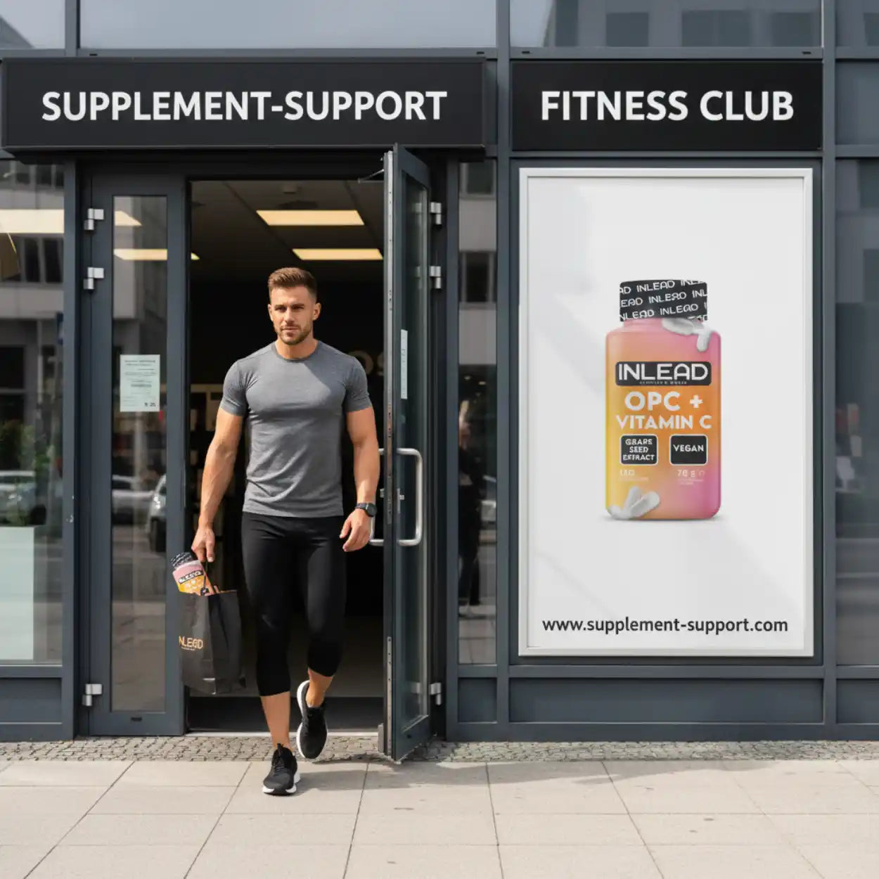 Sportlicher Mann verlässt Nahrungsergänzungsgeschäft mit OPC Vitamin C Kapseln-Tasche