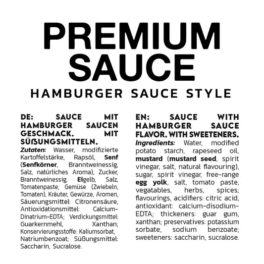 Zutatenliste einer Premium Hamburger Sauce auf weißem Hintergrund