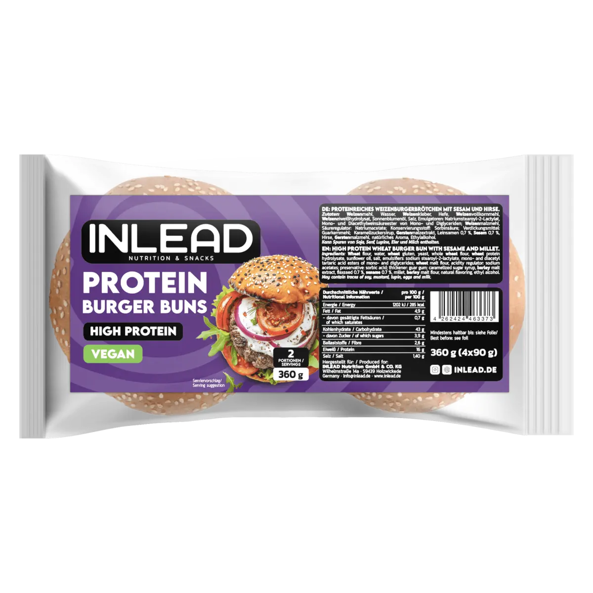 INLEAD Protein Burger Buns, vegan, high protein, 360g – ideal für Sportler und Fitness