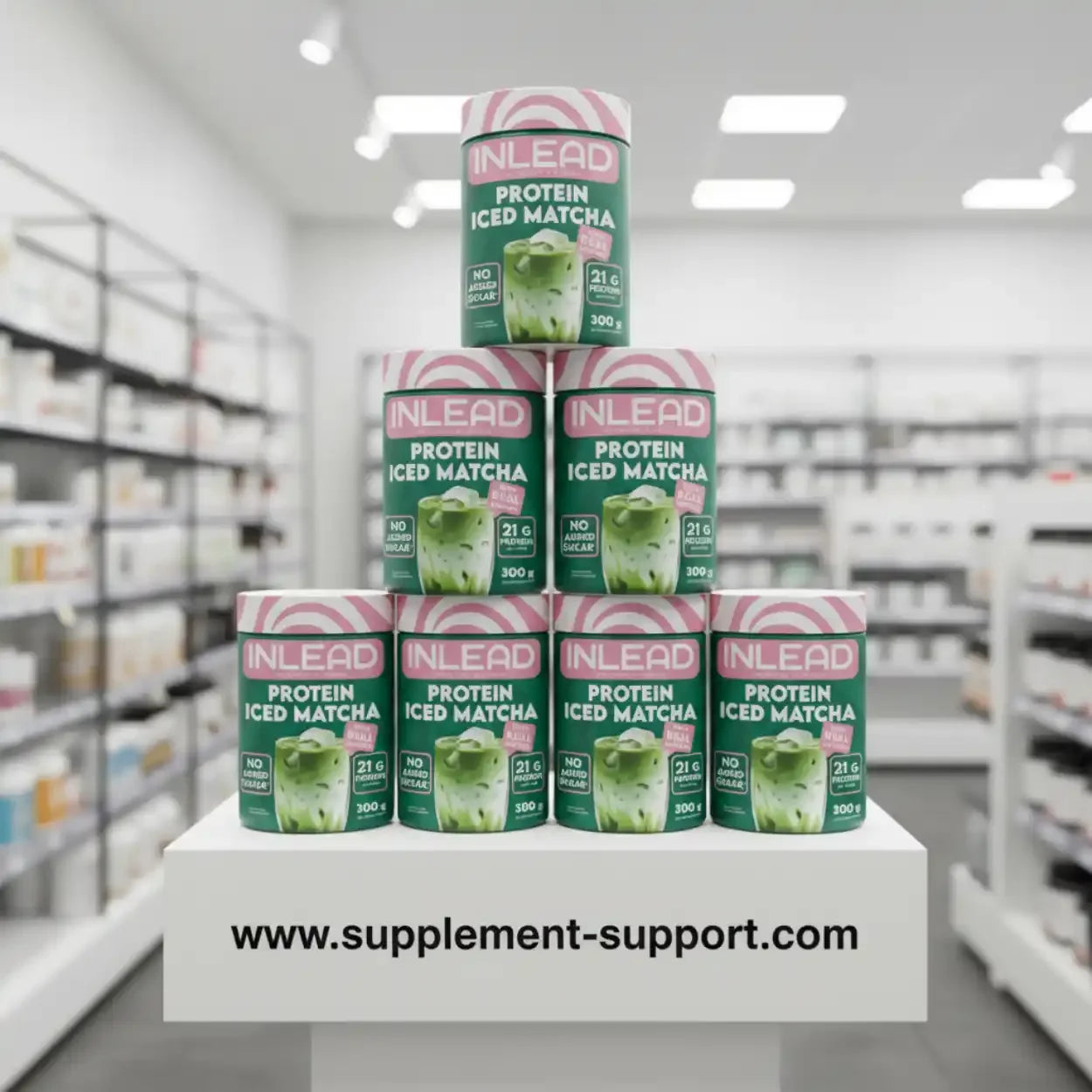INLEAD Protein Iced Matcha 300g Dosen auf Display im Berliner Sportnahrung-Shop