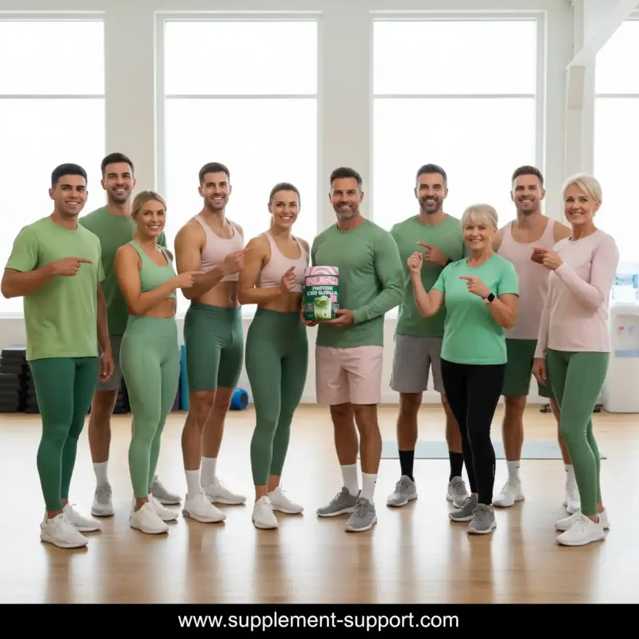 Gruppe Sportler in Fitnesskleidung zeigt INLEAD Protein Iced Matcha, Supplement Support Berlin