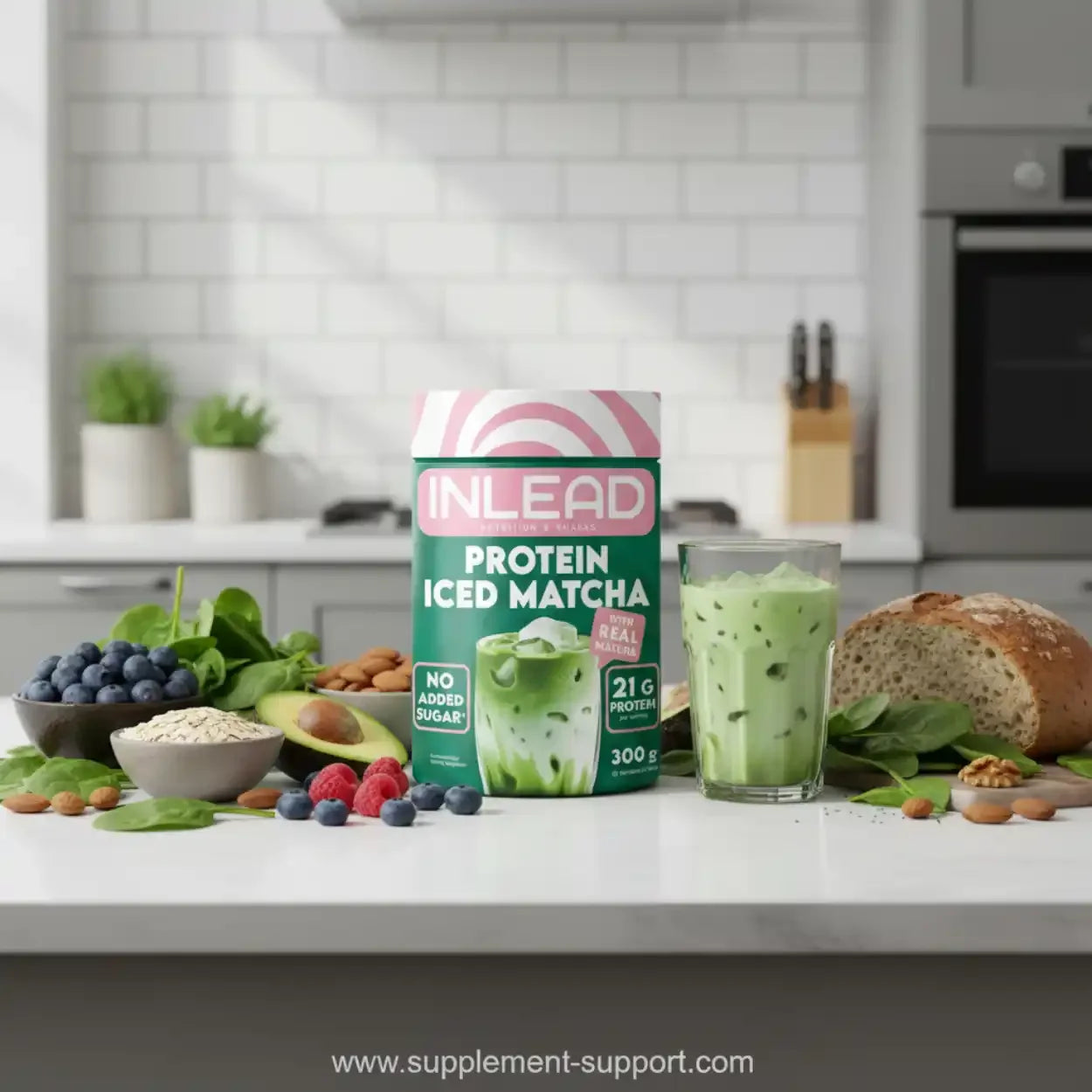 INLEAD Protein Iced Matcha Pulver und Drink auf Küchentheke mit frischen Zutaten und Brot.