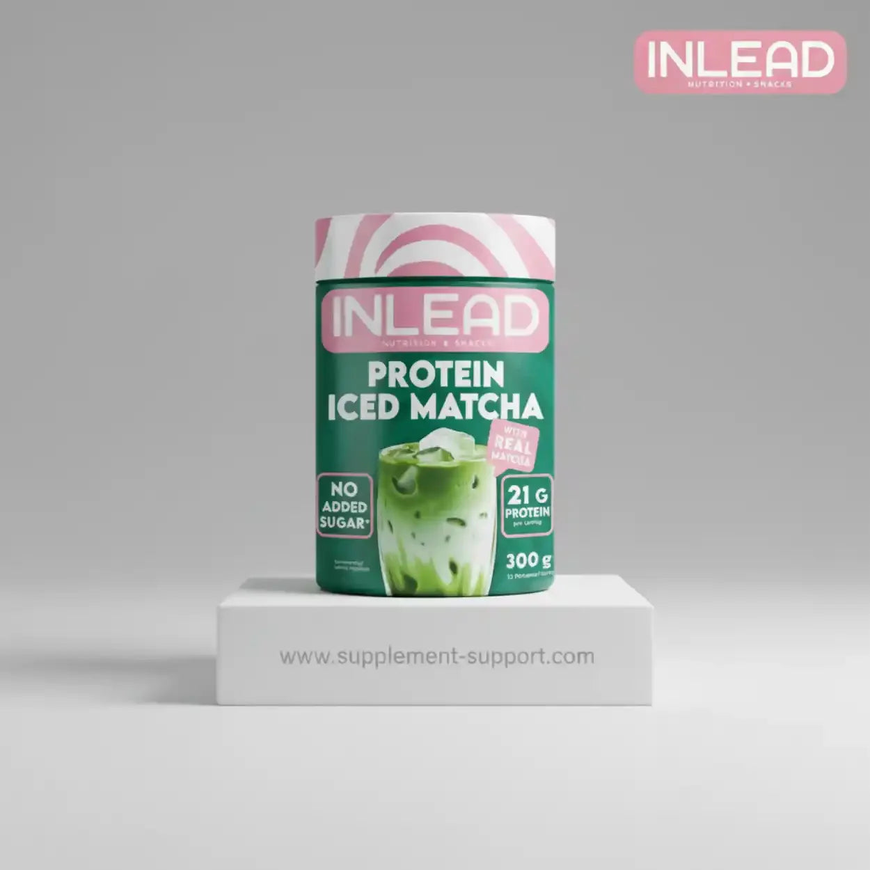 INLEAD Protein Iced Matcha 300g Dose, proteinreiches Nahrungsergänzungsmittel ohne Zucker, Supplement-Support.com