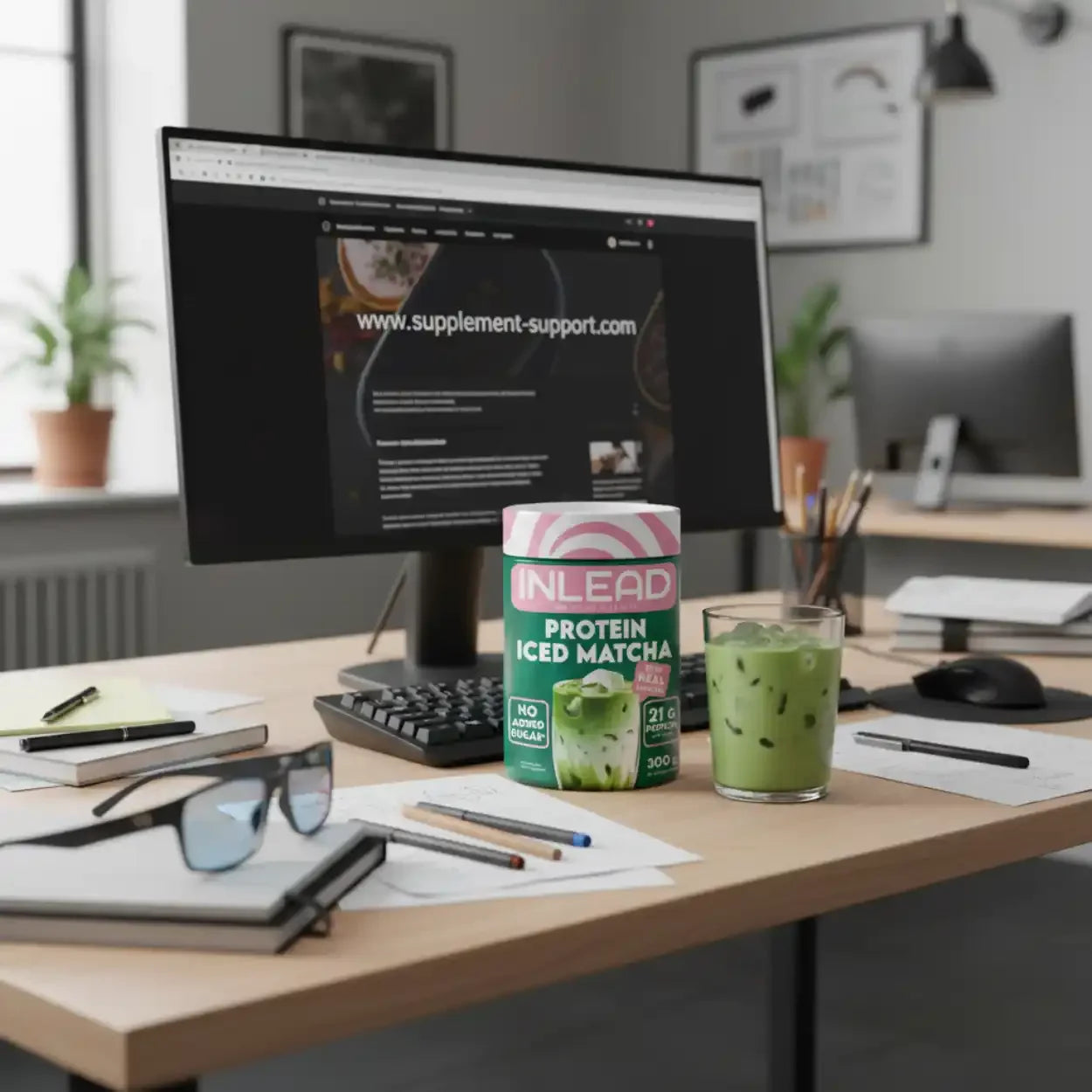 INLEAD Protein Iced Matcha Dose und Glas auf Schreibtisch vor Monitor mit supplement-support.com