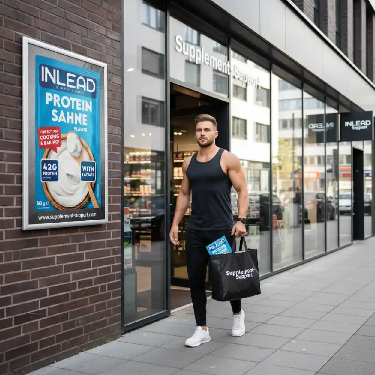 Sportler mit Einkaufstasche vor Supplement-Support-Store, INLEAD Protein Sahne Plakat, Berlin