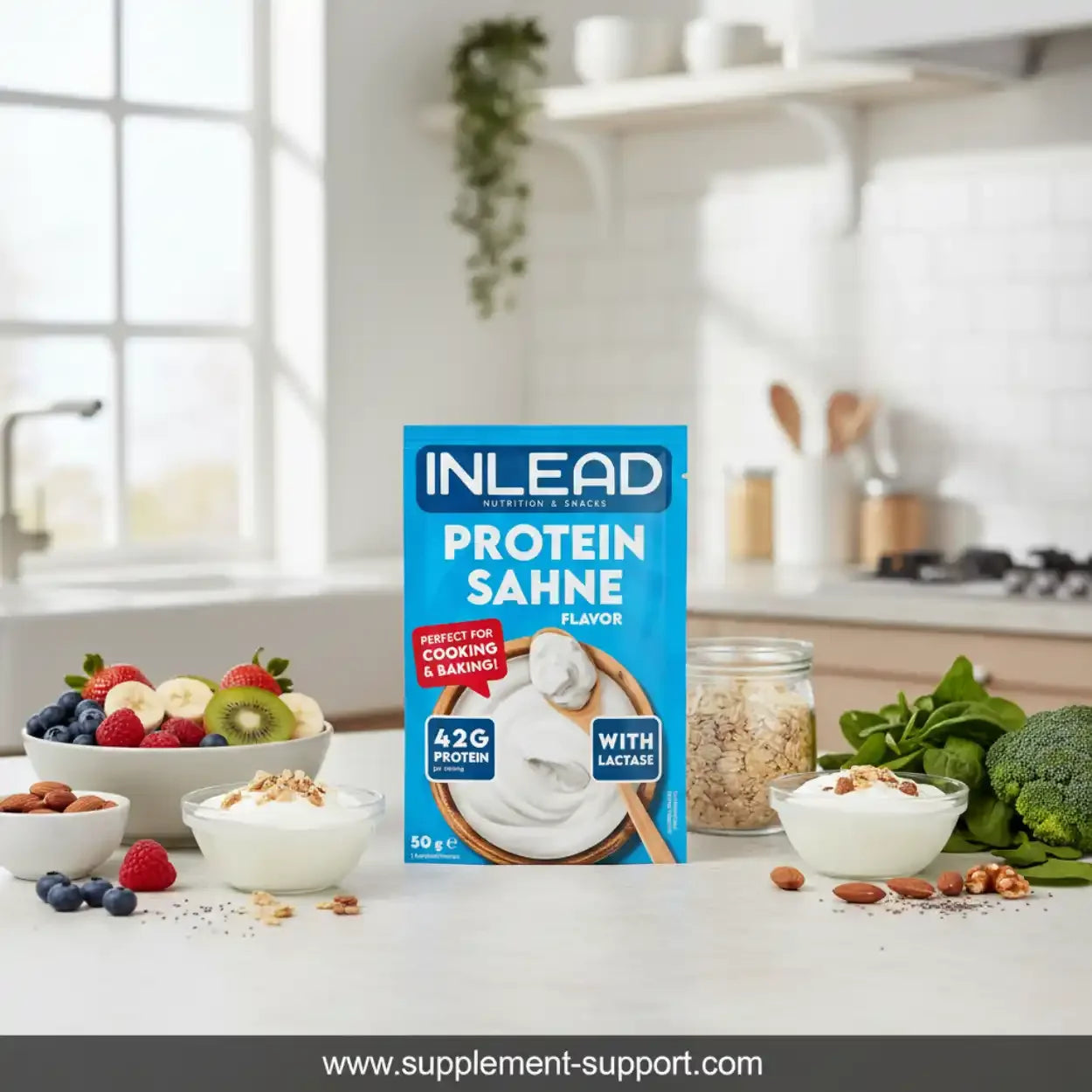 INLEAD Protein Sahne Pulver 50g, proteinreiche Nahrungsergänzung in moderner Küche mit Zutaten