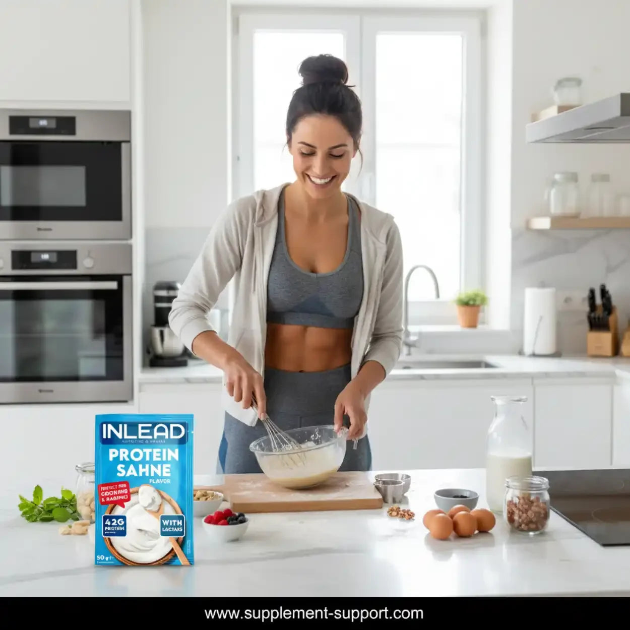 Sportliche Frau bereitet in moderner Küche INLEAD Protein Sahne von Supplement-Support.com zu.