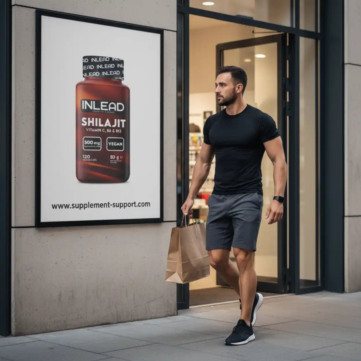 Sportlicher Mann mit Einkaufstüte vor Poster für vegane Shilajit Kapseln, Nahrungsergänzung
