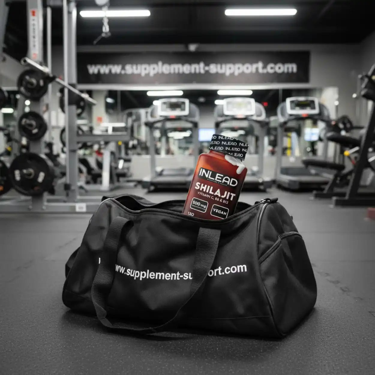 INLEAD Shilajit Kapseln in Sporttasche im Fitnessstudio, vegan, 120 Kapseln, Nahrungsergänzung