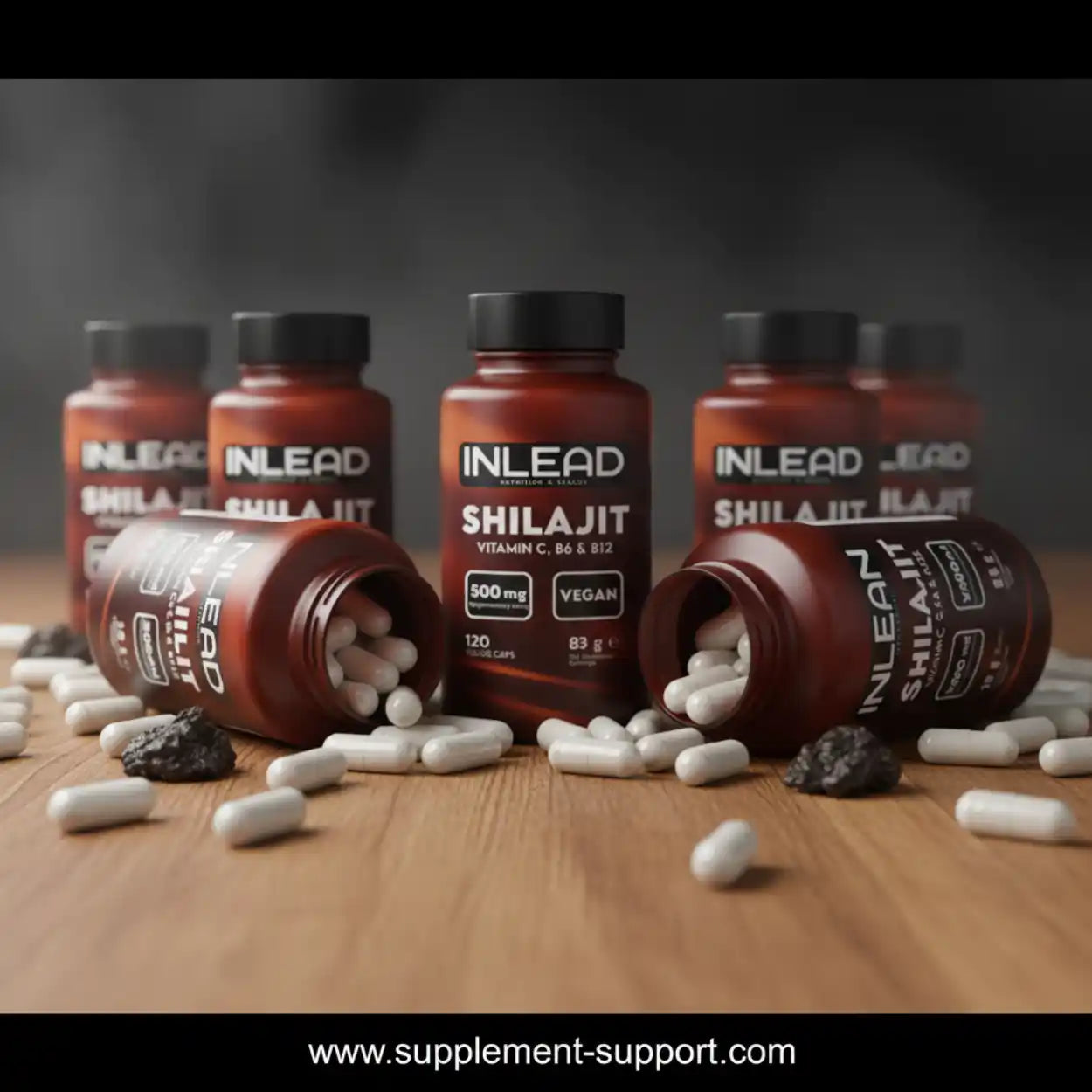 Inlead Shilajit Kapseln, Supplement mit Vitamin C, B6, B12, vegan, auf Holz mit Tabletten