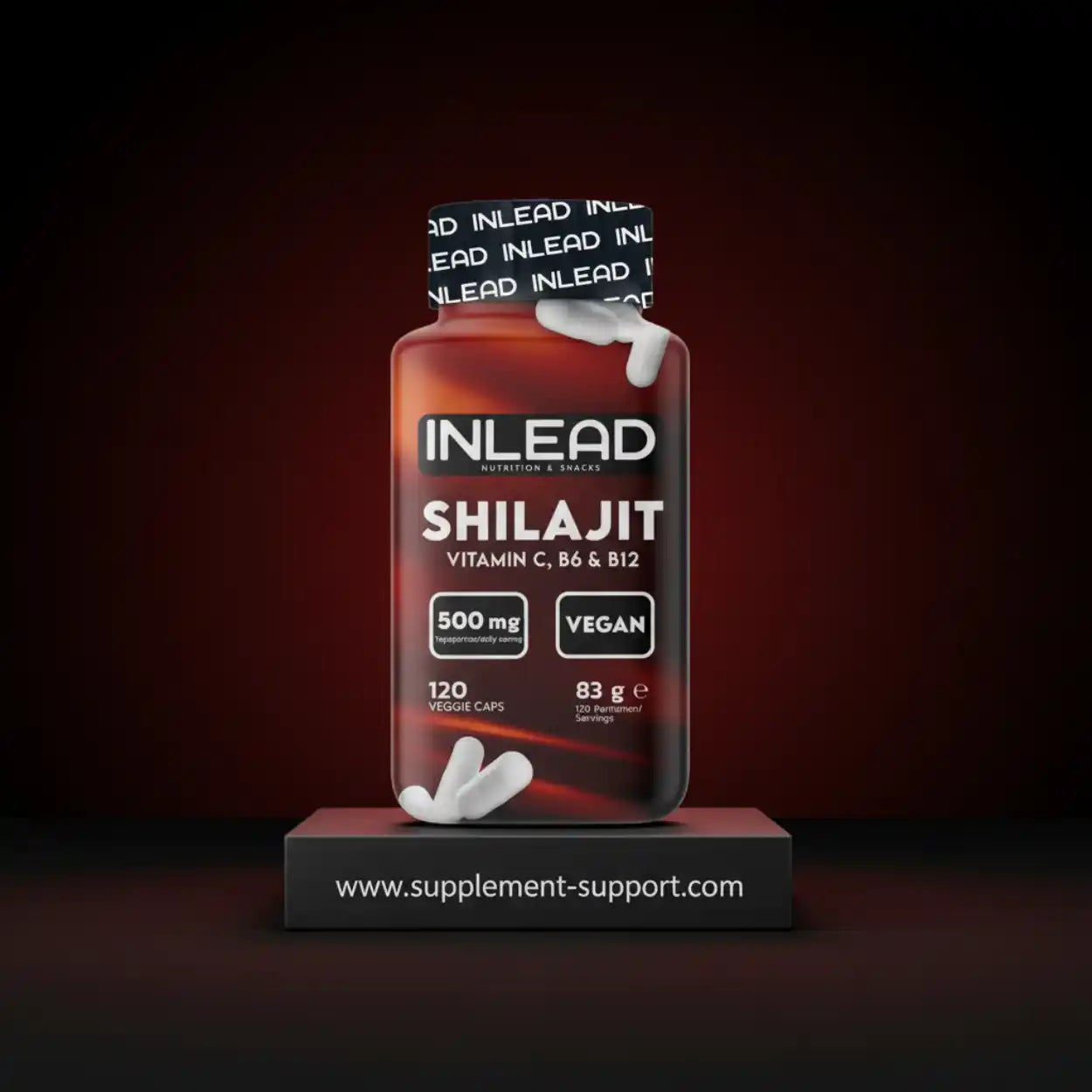 INLEAD Shilajit Kapseln, 120 Stück, vegan, mit Vitamin C, B6, B12, Nahrungsergänzung.