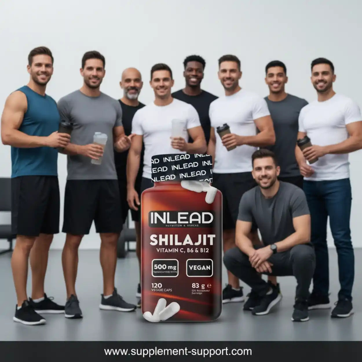 Gruppe sportlicher Männer mit Shilajit Kapseln, Nahrungsergänzung für Fitness, vegan, 500mg.