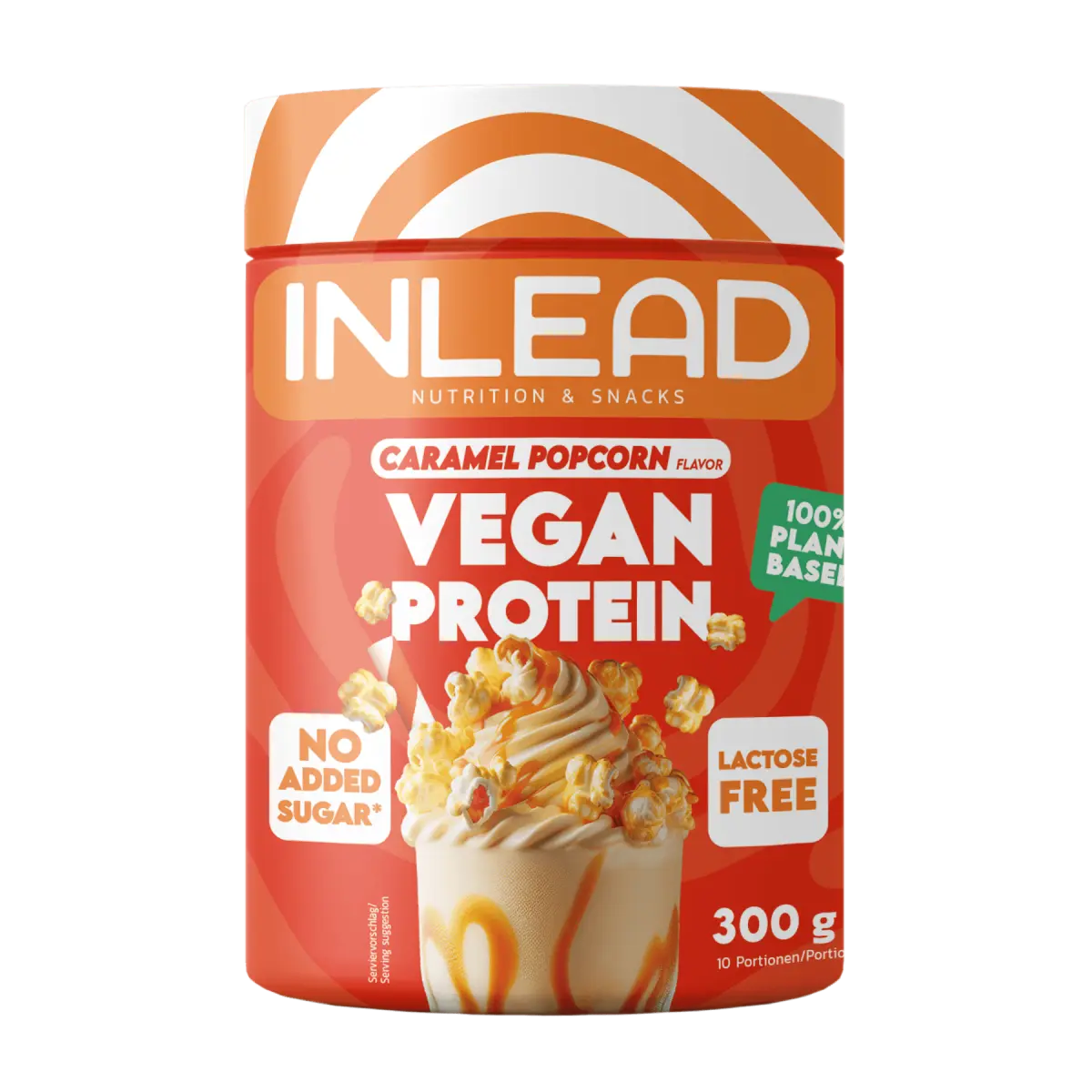 Inlead Vegan Protein Pulver mit Karamell-Popcorn Geschmack, laktosefrei und ohne Zuckerzusatz.
