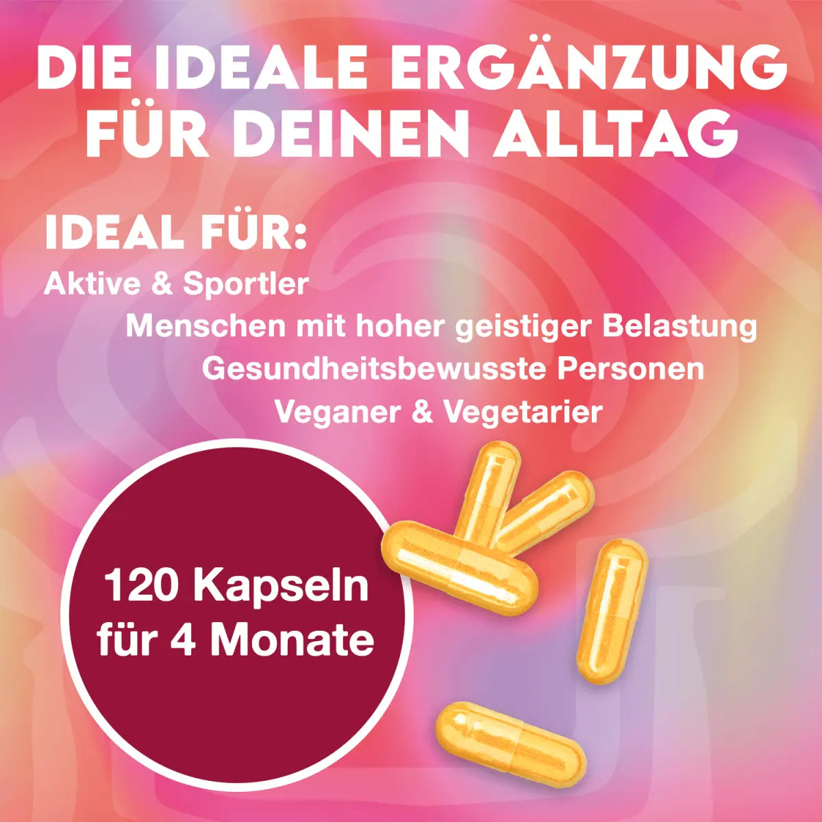 Vitamin B Komplex Kapseln, 120 Stück für 4 Monate, geeignet für Sportler und Veganer auf buntem Hintergrund